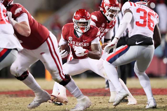 Arkansas running back Raheim "Rocket" Sanders versus Ole Miss in 2022.
